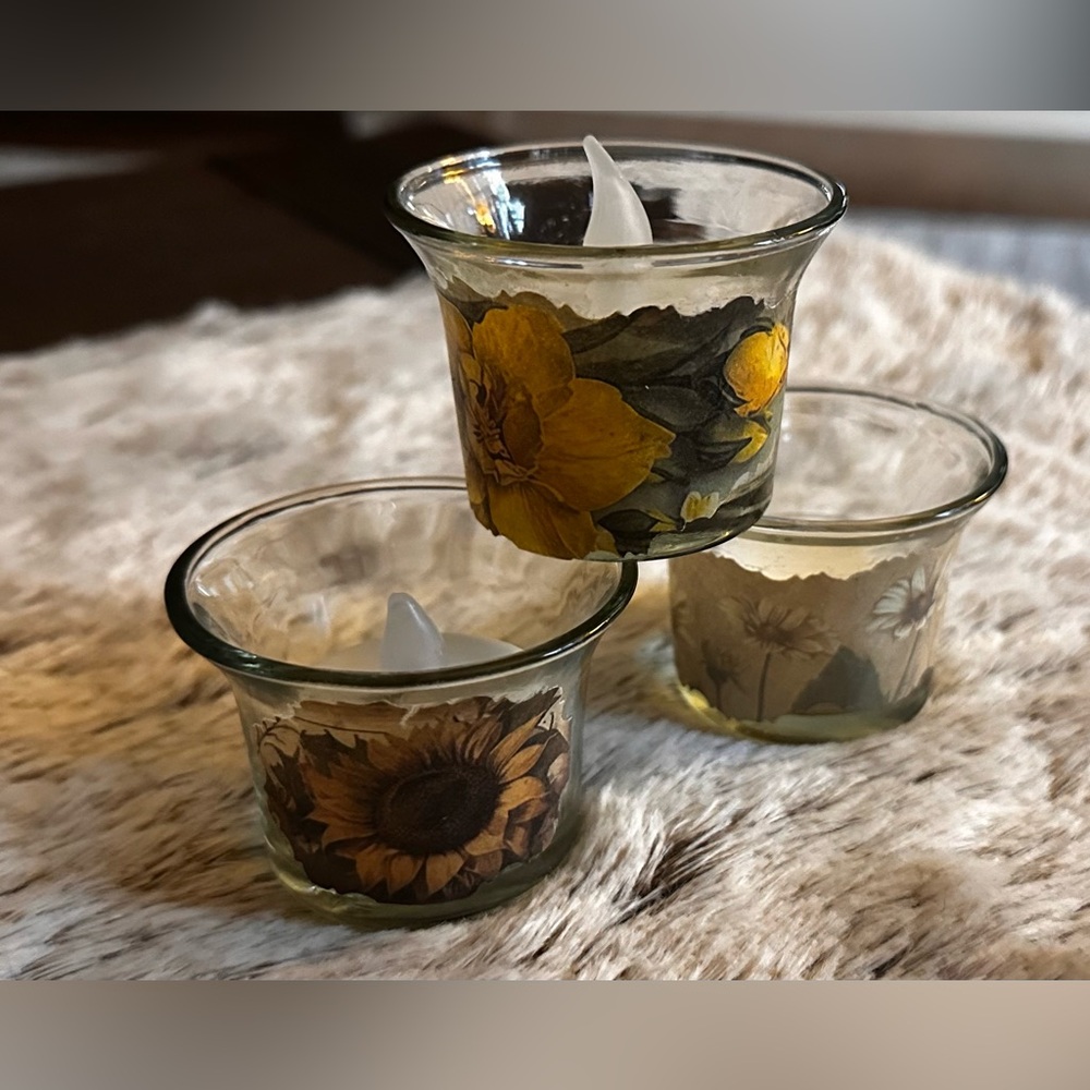 Hand Crafted Yellow and Cream Floral Glass Candle Holders